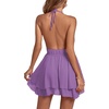 image:imageLYANER Womens Deep V Neck Sexy Mini Dress  Halter Backless Sleeveless Fit and Flare Ruched Ruffle A Line Cocktail Party Short Skater DressesLilac
