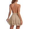 image:imageLYANER Womens Deep V Neck Sexy Mini Dress  Halter Backless Sleeveless Fit and Flare Ruched Ruffle A Line Cocktail Party Short Skater DressesPlain Khaki