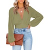 image:imageLYANER Womens Deep V Neck Sexy Wrap Crop Top  Summer Tie Front Knot Long Sleeve Dressy Casual BlouseBean Green