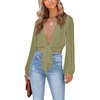 image:imageLYANER Womens Deep V Neck Sexy Wrap Crop Top  Summer Tie Front Knot Long Sleeve Dressy Casual BlouseBean Green