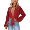 image:imageLYANER Womens Deep V Neck Sexy Wrap Crop Top  Summer Tie Front Knot Long Sleeve Dressy Casual BlouseBurgundy