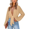 image:imageLYANER Womens Deep V Neck Sexy Wrap Crop Top  Summer Tie Front Knot Long Sleeve Dressy Casual BlouseDark Apricot