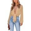 image:imageLYANER Womens Deep V Neck Sexy Wrap Crop Top  Summer Tie Front Knot Long Sleeve Dressy Casual BlouseDark Apricot