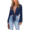 image:imageLYANER Womens Deep V Neck Sexy Wrap Crop Top  Summer Tie Front Knot Long Sleeve Dressy Casual BlouseDark Blue01