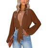 image:imageLYANER Womens Deep V Neck Sexy Wrap Crop Top  Summer Tie Front Knot Long Sleeve Dressy Casual BlouseDark Brown