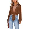 image:imageLYANER Womens Deep V Neck Sexy Wrap Crop Top  Summer Tie Front Knot Long Sleeve Dressy Casual BlouseDark Brown