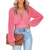 image:imageLYANER Womens Deep V Neck Sexy Wrap Crop Top  Summer Tie Front Knot Long Sleeve Dressy Casual BlouseDark Pink