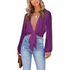 image:imageLYANER Womens Deep V Neck Sexy Wrap Crop Top  Summer Tie Front Knot Long Sleeve Dressy Casual BlouseDark Purple