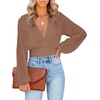 image:imageLYANER Womens Deep V Neck Sexy Wrap Crop Top  Summer Tie Front Knot Long Sleeve Dressy Casual BlouseLight Brown