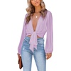 image:imageLYANER Womens Deep V Neck Sexy Wrap Crop Top  Summer Tie Front Knot Long Sleeve Dressy Casual BlouseLight Purple