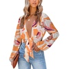 image:imageLYANER Womens Deep V Neck Sexy Wrap Crop Top  Summer Tie Front Knot Long Sleeve Dressy Casual BlouseOrange Print