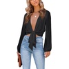 image:imageLYANER Womens Deep V Neck Sexy Wrap Crop Top  Summer Tie Front Knot Long Sleeve Dressy Casual BlousePure Black