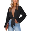image:imageLYANER Womens Deep V Neck Sexy Wrap Crop Top  Summer Tie Front Knot Long Sleeve Dressy Casual BlousePure Black