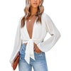 image:imageLYANER Womens Deep V Neck Sexy Wrap Crop Top  Summer Tie Front Knot Long Sleeve Dressy Casual BlousePure White