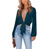image:imageLYANER Womens Deep V Neck Sexy Wrap Crop Top  Summer Tie Front Knot Long Sleeve Dressy Casual BlouseTeal
