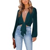 image:imageLYANER Womens Deep V Neck Sexy Wrap Crop Top  Summer Tie Front Knot Long Sleeve Dressy Casual BlouseWood Green