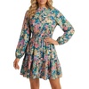 image:imageLYANER Womens Floral Button Up Smocked Boho Mini Dress  Print Mock Neck Raglan Long Sleeve Ruched Ruffle A Line Semi Formal Wedding Guest Short DressesDark Green