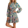 image:imageLYANER Womens Floral Button Up Smocked Boho Mini Dress  Print Mock Neck Raglan Long Sleeve Ruched Ruffle A Line Semi Formal Wedding Guest Short DressesDark Green