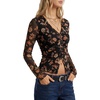 image:imageLYANER Womens Floral Mesh Ruched Button Boho Blouse Tops  Floral Print Sheer Mesh Button Down V Neck Frill Trim Long Sleeve Comfort Soft Shirts with LiningBlack