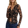 image:imageLYANER Womens Floral Mesh Ruched Button Boho Blouse Tops  Floral Print Sheer Mesh Button Down V Neck Frill Trim Long Sleeve Comfort Soft Shirts with LiningBlack
