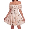image:imageLYANER Womens Off Shoulder Casual Dress  Summer Tie Back Wrap Layer Ruffle A Line Short Sleeve Party Elegant Mini DressesCream Brown Ditsy