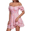 image:imageLYANER Womens Off Shoulder Casual Dress  Summer Tie Back Wrap Layer Ruffle A Line Short Sleeve Party Elegant Mini DressesFloral Print Beige