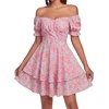 image:imageLYANER Womens Off Shoulder Casual Dress  Summer Tie Back Wrap Layer Ruffle A Line Short Sleeve Party Elegant Mini DressesFloral Print Beige