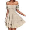 image:imageLYANER Womens Off Shoulder Casual Dress  Summer Tie Back Wrap Layer Ruffle A Line Short Sleeve Party Elegant Mini DressesKhaki Print