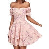 image:imageLYANER Womens Off Shoulder Casual Dress  Summer Tie Back Wrap Layer Ruffle A Line Short Sleeve Party Elegant Mini DressesPink Floral Print