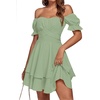 image:imageLYANER Womens Off Shoulder Casual Dress  Summer Tie Back Wrap Layer Ruffle A Line Short Sleeve Party Elegant Mini DressesPlain Light Green