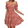 image:imageLYANER Womens Off Shoulder Casual Dress  Summer Tie Back Wrap Layer Ruffle A Line Short Sleeve Party Elegant Mini DressesRed Floral Print