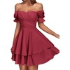 image:imageLYANER Womens Off Shoulder Casual Dress  Summer Tie Back Wrap Layer Ruffle A Line Short Sleeve Party Elegant Mini DressesRust Red