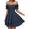 image:imageLYANER Womens Off Shoulder Casual Dress  Summer Tie Back Wrap Layer Ruffle A Line Short Sleeve Party Elegant Mini DressesSoild Navy Blue