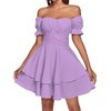 image:imageLYANER Womens Off Shoulder Casual Dress  Summer Tie Back Wrap Layer Ruffle A Line Short Sleeve Party Elegant Mini DressesSolid Light Purple