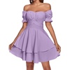 image:imageLYANER Womens Off Shoulder Casual Dress  Summer Tie Back Wrap Layer Ruffle A Line Short Sleeve Party Elegant Mini DressesSolid Lilac