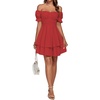 image:imageLYANER Womens Off Shoulder Casual Dress  Summer Tie Back Wrap Layer Ruffle A Line Short Sleeve Party Elegant Mini DressesSolid Red