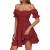 image:imageLYANER Womens Off Shoulder Casual Dress  Summer Tie Back Wrap Layer Ruffle A Line Short Sleeve Party Elegant Mini DressesSolid Wine Red
