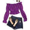 image:imageLYANER Womens Off Shoulder Ruffle Trim Puff Long Sleeve Tube Crop Blouse Shirt TopGrape Purple