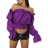 image:imageLYANER Womens Off Shoulder Ruffle Trim Puff Long Sleeve Tube Crop Blouse Shirt TopGrape Purple