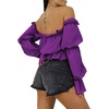 image:imageLYANER Womens Off Shoulder Ruffle Trim Puff Long Sleeve Tube Crop Blouse Shirt TopGrape Purple