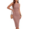 image:imageLYANER Womens Ribbed Knit Work Office Midi Dress  Crewneck Sleeveless Stretch Bodycon Knee Length Party DressesDusty Rose