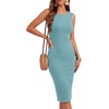 image:imageLYANER Womens Ribbed Knit Work Office Midi Dress  Crewneck Sleeveless Stretch Bodycon Knee Length Party DressesMint Green