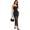 image:imageLYANER Womens Sheer Lace Layered Tulle Hem Spaghetti Straps Slit Bodycon Cocktail Party Maxi DressBlack