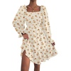 image:imageLYANER Womens Shirred Party Mini Dress  Square Neck Lantern Long Sleeve Ruffle A Line Flowy Casual Short DressesChampagne Floral Print