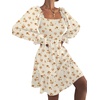 image:imageLYANER Womens Shirred Party Mini Dress  Square Neck Lantern Long Sleeve Ruffle A Line Flowy Casual Short DressesChampagne Floral Print