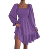 image:imageLYANER Womens Shirred Party Mini Dress  Square Neck Lantern Long Sleeve Ruffle A Line Flowy Casual Short DressesDark Purple