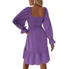 image:imageLYANER Womens Shirred Party Mini Dress  Square Neck Lantern Long Sleeve Ruffle A Line Flowy Casual Short DressesDark Purple