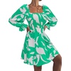 image:imageLYANER Womens Shirred Party Mini Dress  Square Neck Lantern Long Sleeve Ruffle A Line Flowy Casual Short DressesGreen Print
