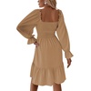 image:imageLYANER Womens Shirred Party Mini Dress  Square Neck Lantern Long Sleeve Ruffle A Line Flowy Casual Short DressesKhaki