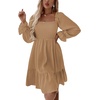 image:imageLYANER Womens Shirred Party Mini Dress  Square Neck Lantern Long Sleeve Ruffle A Line Flowy Casual Short DressesKhaki
